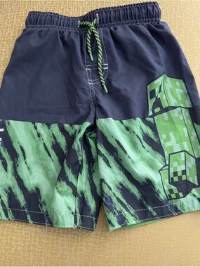 Boys Green and Black Minecraft Swim Trunks